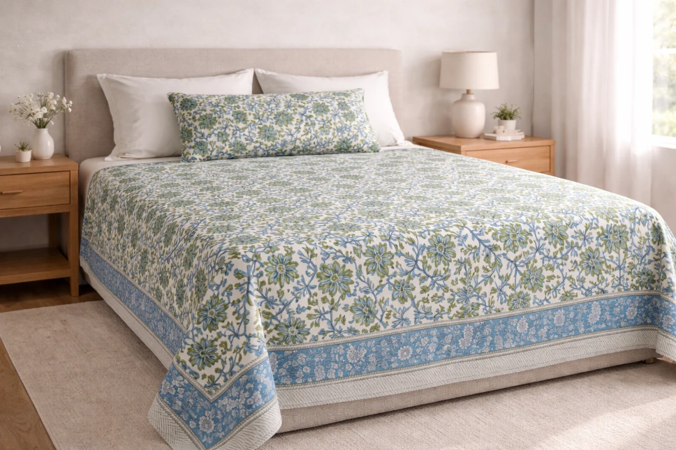 [BTK-DRAP-230x276-bleu&vert] Cotton Sheet 230 x 276 cm (bleu et vert)